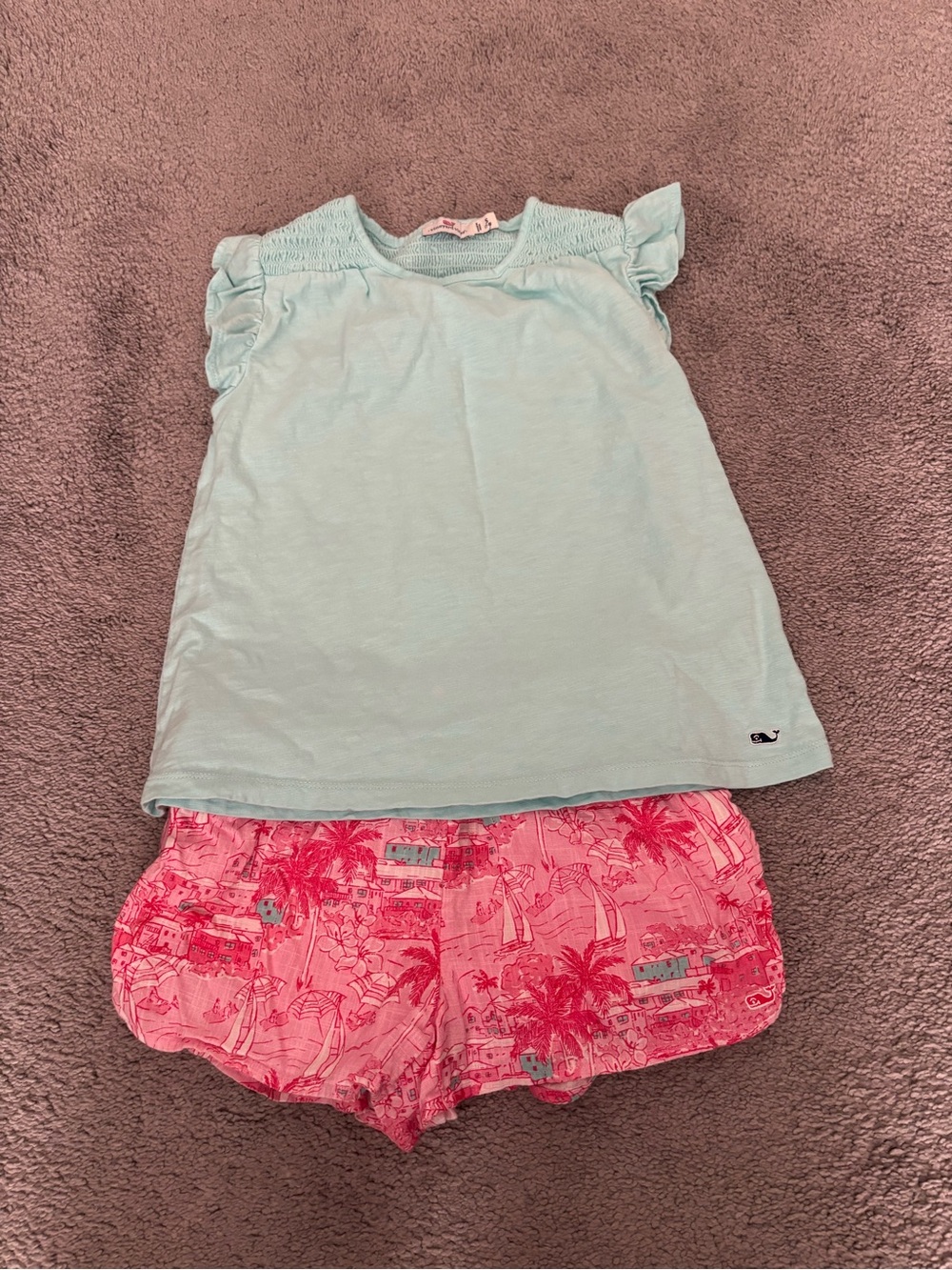 Girls Vineyard Vines Light Blue Ruffle Sleeve Top with Pink Tropical Shorts